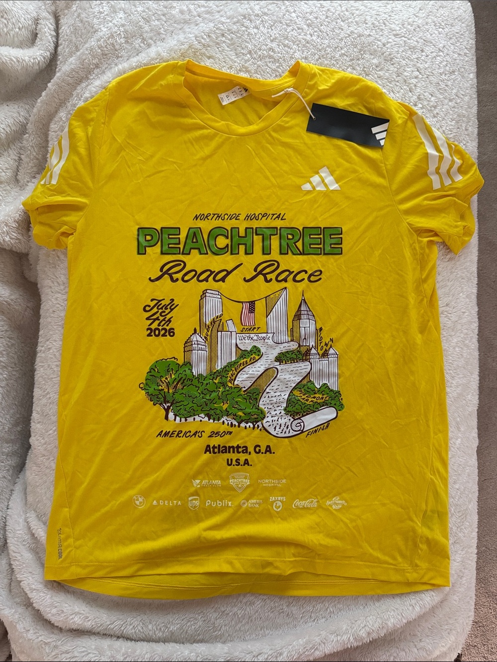 adidas Yellow Peachtree Road Race Graphic Tee with Green Print size medium